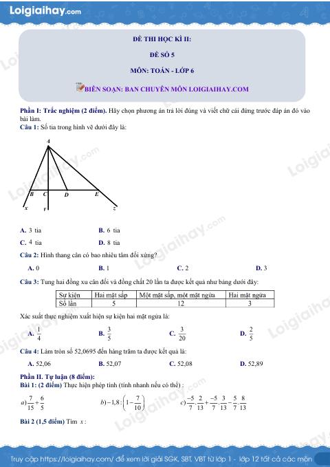 Đề thi học kì 2 Toán 6 - Đề số 5 - Chân trời sáng tạo